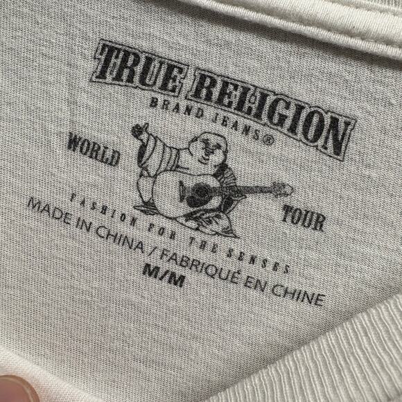 True Religion Men's White Red Striped Graphic Buddah Short Sleeve T-Shirt M - Picture 3 of 10